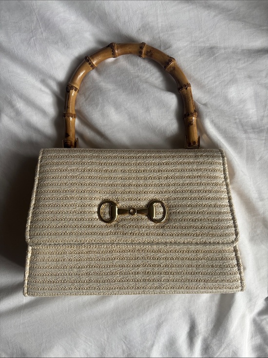 Handbags - Woven Cream Bamboo Handle Top Bag